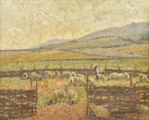 CECIL ROSS BURNETT (1872-1933) British A Sussex Sheep Fold Oil on canvas Signed and inscribed to