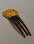 A 19th century unmarked yellow metal mounted tortoiseshell hair comb Of three prong form,