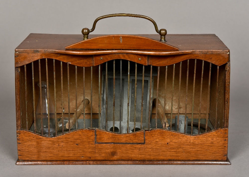 A small 19th century mahogany birdcage Of rectangular form with grilled front and brass loop handle.