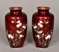 A pair of Japanese white metal mounted cloisonne vases Worked with birds amongst prunus blossom,