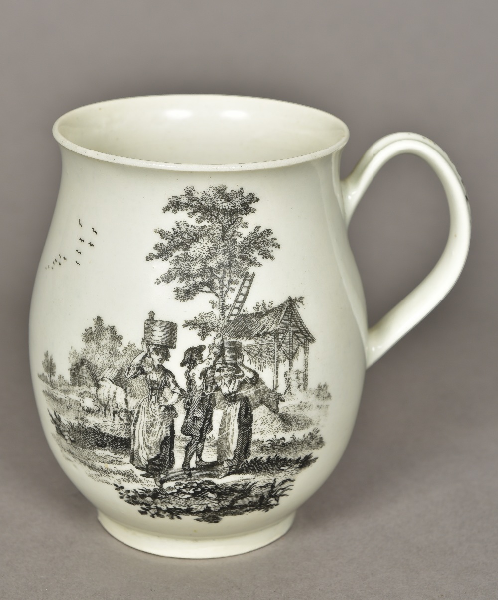 An 18th century Worcester porcelain baluster mug Printed in black with the Dancing Milkmaids after