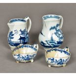 An 18th century blue and white porcelain sparrow beak cream jug Chinoiserie decorated;