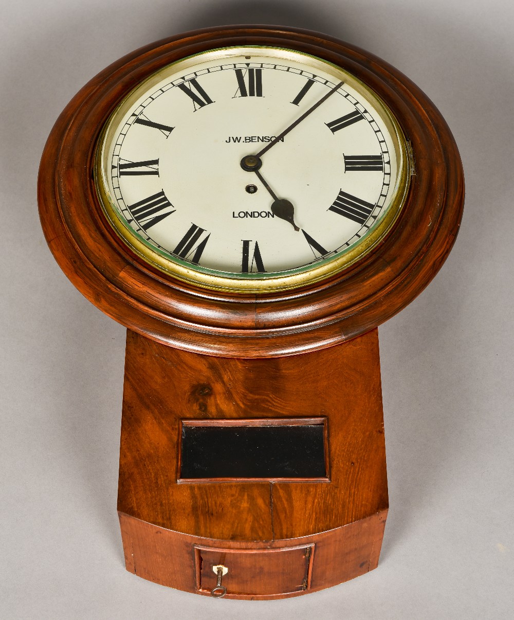 A Victorian mahogany drop-dial wall clock The white dial with Roman numerals inscribed J W Benson,
