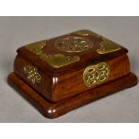 A Chinese brass mounted hardwood box and cover Mounted on a hardwood stand. 14.5 cm wide.