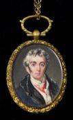 A 19th century portrait miniature of a gentleman in red neck tie,