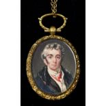 A 19th century portrait miniature of a gentleman in red neck tie,