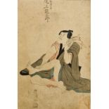 Two 19th century Japanese wood block prints One depicting a calligrapher,