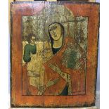 A 19th century painted icon Worked with the Virgin Mary and the baby Jesus,