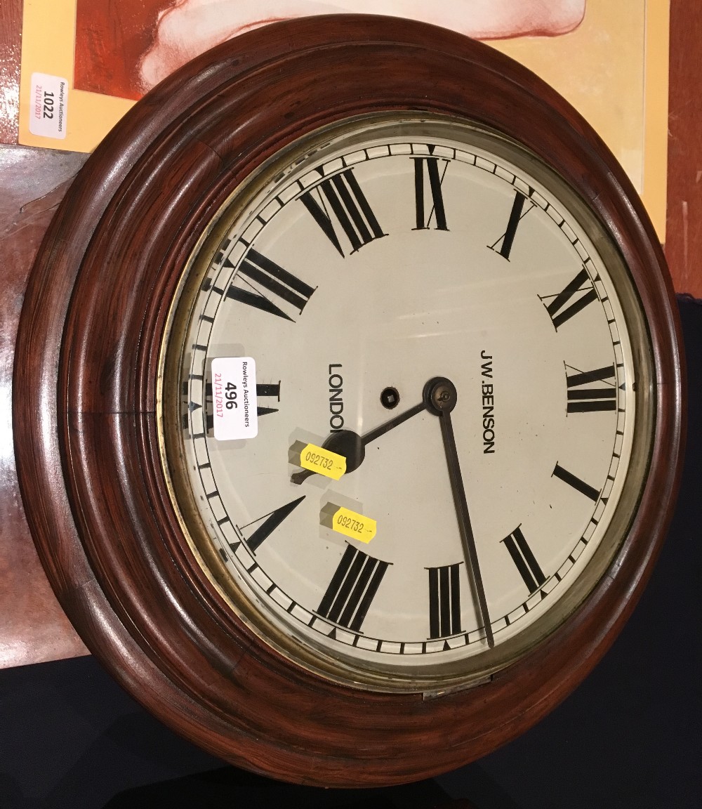 A Victorian mahogany drop-dial wall clock The white dial with Roman numerals inscribed J W Benson, - Bild 2 aus 8