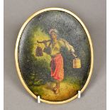 A 19th century painted papier mache panel Of oval form, depicting a young girl carrying water. 17.