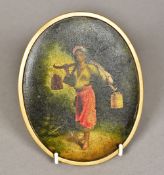 A 19th century painted papier mache panel Of oval form, depicting a young girl carrying water. 17.