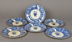Six Victorian Bovey Tracey pottery blue and white Mess plates Typically decorated and numbered 1, 2,