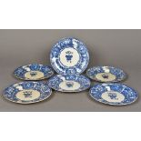 Six Victorian Bovey Tracey pottery blue and white Mess plates Typically decorated and numbered 1, 2,