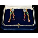 A pair of unmarked 14 ct gold emerald, aquamarine,