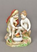 A Continental porcelain group Modelled as two scantily clad children warming themselves by and