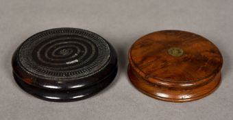 A 19th century burrwood snuff box Of simple turned form;