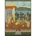 INDIAN SCHOOL (20th century) Ladies Socialising on a Riverside Terrace Gouache on fabric 68.