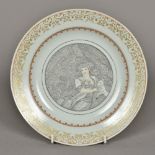 A Chinese Export porcelain plate Centrally decorated en grisaille with a European lady.