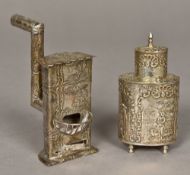 A Dutch silver miniature caddy Of oval section, typically emboss decorated with figural vignettes,