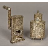 A Dutch silver miniature caddy Of oval section, typically emboss decorated with figural vignettes,