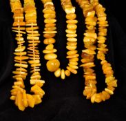Three various yellow amber necklaces The largest 68 cm long.