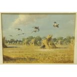 J C HARRISON (1898-1985) British (AR) English Partridge in Flight Above a Harvested Wheat