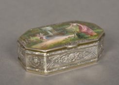 A Continental silver enamel decorated box Of canted rectangular form,