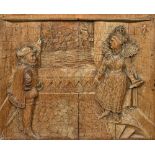 A 19th century oak panel Carved with Queen Elizabeth I and Sir Francis Drake observing the fleet