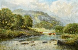 WILLIAM LANGLEY (1852-1922) British Cattle Watering in a Highland Landscape Oil on canvas Signed 59