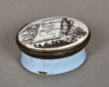 A 19th century enamelled pill box The oval hinged lid decorated with an urn in a landscape and