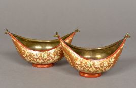 A pair of Kashmiri brass and papier mache bowls Each of navette form with floral decoration on a