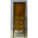 A small French marquetry inlaid marble topped chest The shaped marble top above the hinged plush