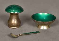 A Danish silver and enamel salt, spoon and pepper The salt and spoon stamped VB for Volmer Bahner,