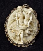 A Victorian unmarked silver mounted white coral cameo brooch Carved as two maidens holding a