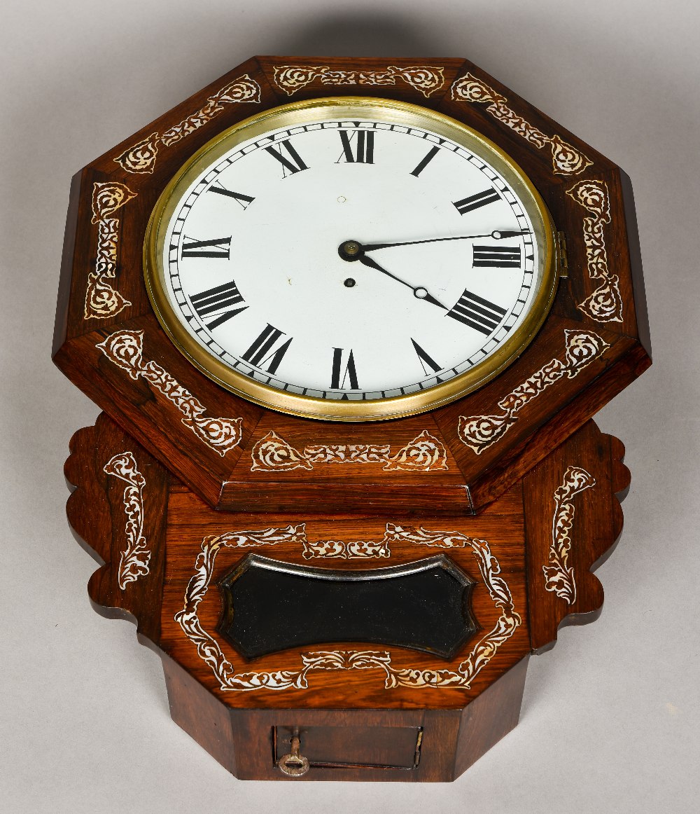 A Victorian mother-of-pearl inlaid rosewood drop-dial wall clock The white dial with Roman numerals