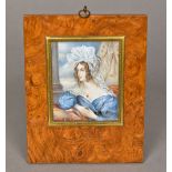 A miniature portrait Depicting a young lady wearing a blue dress,