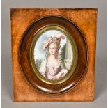 A miniature portrait Depicting a young lady wearing a feathered pink hat, indistinctly signed,