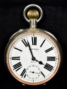 A large Omega eight day pocket watch The white dial with Roman and Arabic numerals and subsidiary