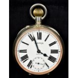 A large Omega eight day pocket watch The white dial with Roman and Arabic numerals and subsidiary