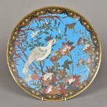 A Japanese cloisonne charger Decorated with a bird and a butterfly amongst foliage. 36.