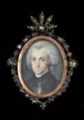 A 19th century miniature portrait, possibly Mozart Mounted in a diamond set pendant frame.