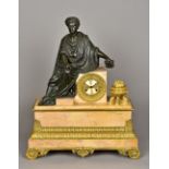 A 19th century gilt bronze and patinated bronze mounted carrara marble mantel clock Surmounted with
