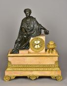 A 19th century gilt bronze and patinated bronze mounted carrara marble mantel clock Surmounted with