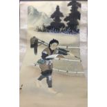 A Chinese scroll painting Decorated with a farmer before a mountainous landscape,