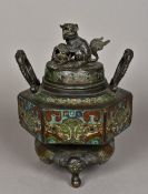 A Chinese cast bronze cloisonne decorated censor and cover The hexagonal body with twin handles,