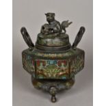 A Chinese cast bronze cloisonne decorated censor and cover The hexagonal body with twin handles,