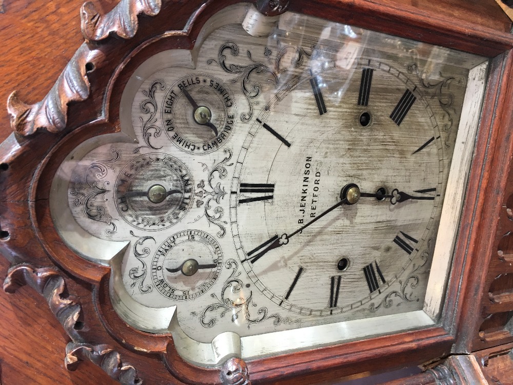 A Victorian oak Gothic architectural cased chiming bracket clock The silvered dial with Roman - Bild 3 aus 12