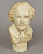 A Victorian carved marble bust Modelled as William Shakespeare, mounted on a circular socle.