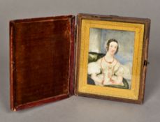 A 19th century miniature portrait on ivory Depicting a young lady in a white dress wearing a lace