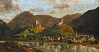 ENGLISH SCHOOL (20th century) Continental Lakeside Townscape Oil on canvas 68 x 37.